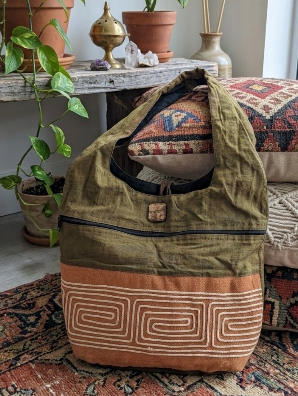 Cotton & Iridescent Earthy Olive & Rust Boho Festival Artisan Shoulder Bag
